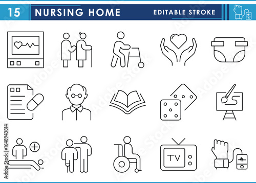 A set of line icons related to Nursing Home. Nursing, care, care giver, elderly, disabled, health monitoring, games, and so on. Vector editable stroke.