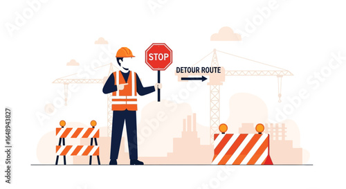 Construction Worker Directing Traffic with a Stop Sign at Building Site