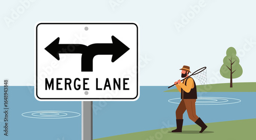 Choosing Your Path Way, Fisherman at The Crossroads Merge Lane Concept