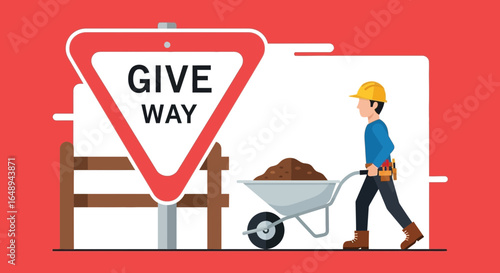 Construction Worker Illustration Featuring Road Sign And Wheelbarrow With Soil