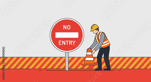 Construction Worker Setting Traffic Cones Near No Entry Sign Road Safety Concept
