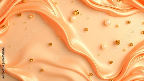 Elegant Glossy Silky Peach Coral Gold Champagne Waves with Pearls and Gemstones, High-Resolution Design