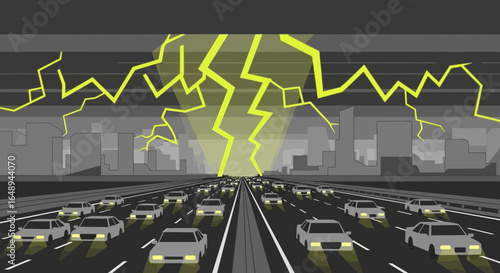 City Expressway Under Heavy Lightning with Commuters Driving Home during Thunderstorm