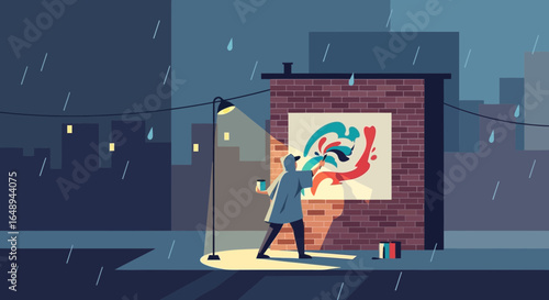 City Expression Artist Creating Colorful Mural On A Rainy Evening