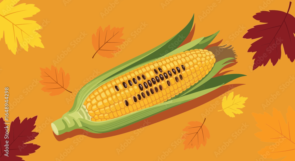 Fototapeta premium Corncob Surrounded By Fallen Leaves On An Orange Background Autumn