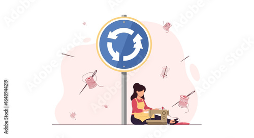 Continuous Crafting Creativity Woman Sewing Under A Roundabout Sign Illustration