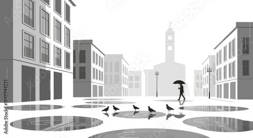 Cityscape On Rainy Day Featuring Man With Umbrella And Pigeons Walking