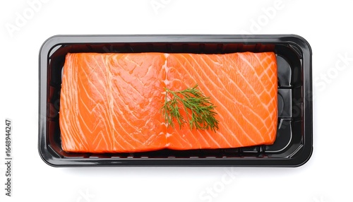 Fresh Salmon Fillet in Black Plastic Tray with Dill