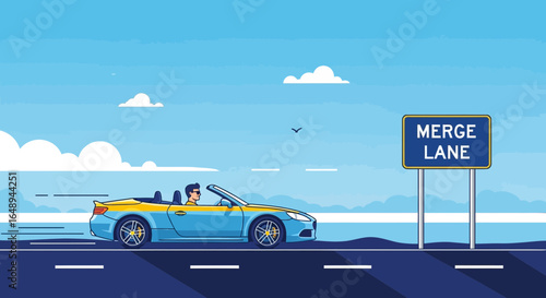 Convertible Road Trip On A Sunny Day With Merge Lane Sign Concept