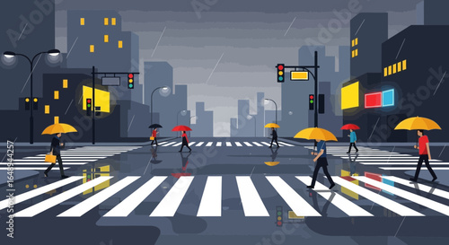 Cityscape Pedestrians Crossing Under Umbrellas On Rainy Day Illustration