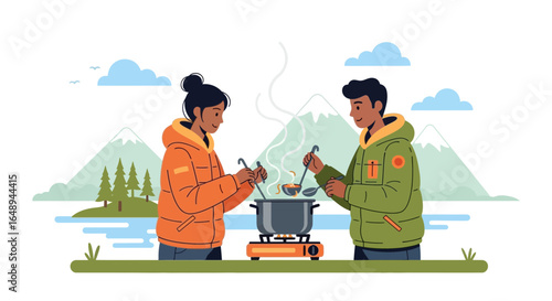 Couple Cooking Outdoors Adventures During Camping Expedition In Mountains