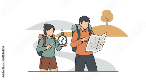 Couple Doing Navigation in Nature Hiking Tourism Man and Woman Exploring Route