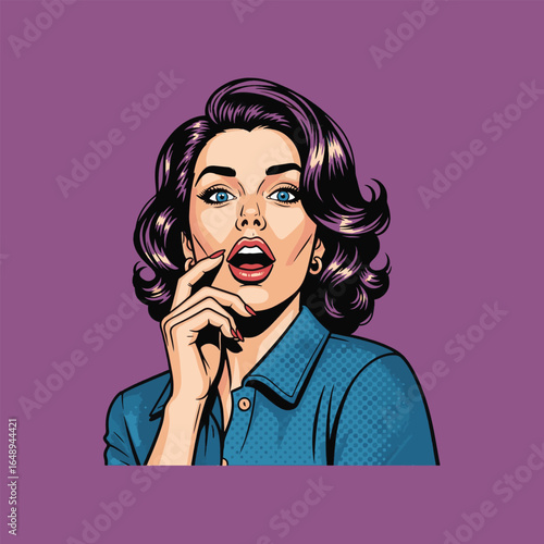 Surprised woman with expressive face in pop art style.