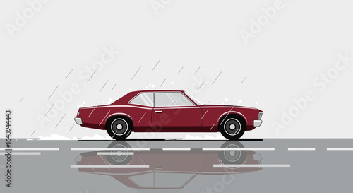 Classic Car Drives Through The Rain Reflecting on The Wet Asphalt Road