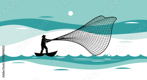Classic Fisherman Silhouette Casting A Net On Wavy Teal Blue Water Scene
