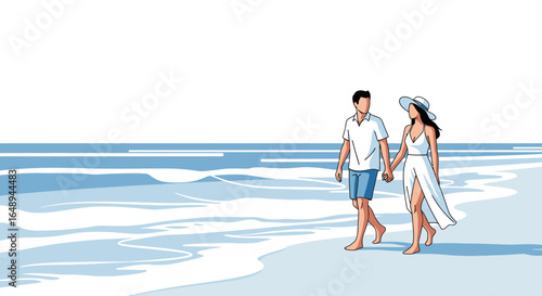Couple Enjoying A Romantic Seaside Stroll On Tropical Sands Beach Vacation