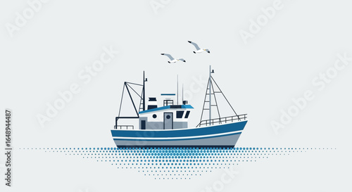 Classic Fishing Vessel Sailing Under Seagulls In Blue Ocean Graphic