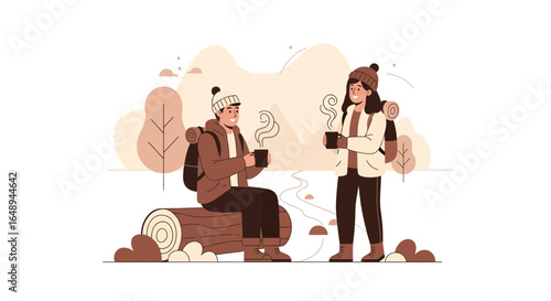 Couple Enjoying Hot Drinks While Hiking In Nature In Autumn Scenery