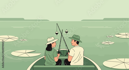 Couple Enjoying Peaceful Fishing Together On A Lake With Water Lilies