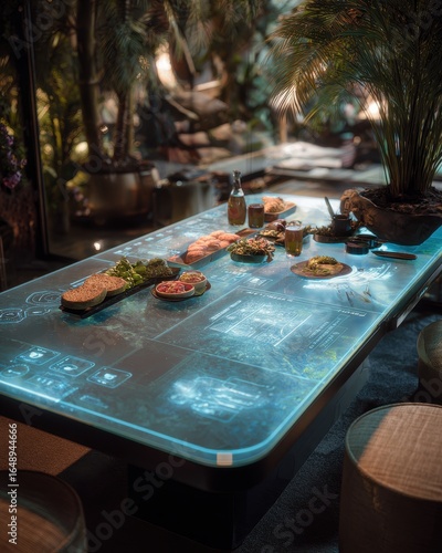 Interactive table displays food, futuristic cafe, jungle backdrop, social gathering