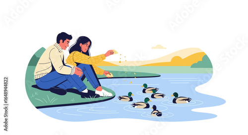 Couple Enjoying Time Outdoors While Feeding Ducks By Lake During Weekend