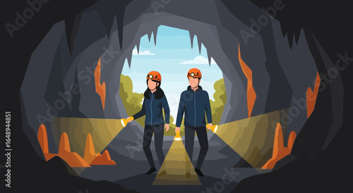 Couple Explore Mysterious Cave with Flashlights On Adventure Under Ground
