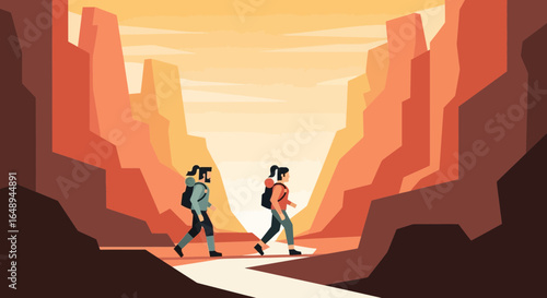 Couple Exploring Canyon Landscape During Golden Hour On Hiking Trip Adventure
