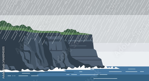 Coastal Cliff Landscape In The Rain Minimalist Scenery Background Illustration