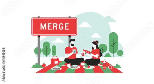 Couple Having Picnic Under Sign Of Merging Enjoying Romantic Time Together