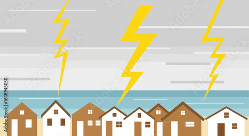 Coastal Community Under Threat: A Depiction Of Lightning Striking Homes Near The Ocean