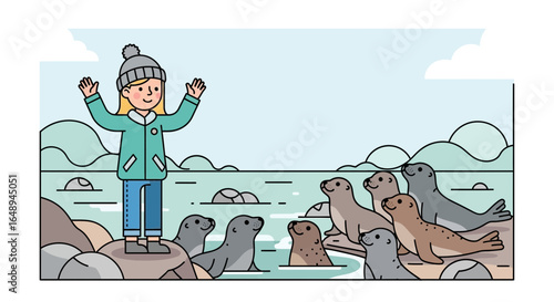 Coastal Encounter Cute Young Girl Welcoming a Friendly Group of Harbour Seals