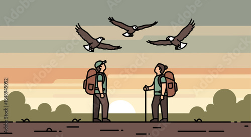 Couple hikers looking at eagles flying over scenic landscape in vector illustration