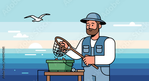 Coastal Fisherman At Sunset Catching Fish With A Net In An Illustration Style