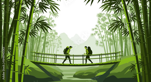 Couple Hiking Adventure Across Bamboo Forest Bridge In Green Mountain Landscape