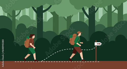 Couple hiking in a flat design forest landscape enjoying nature and adventure travel trip or trekking tour through woods with navigation