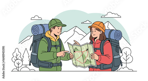 Couple Hiking In Nature Consults A Map To Find The Right Path