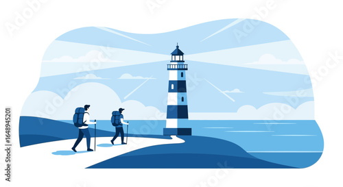 Coastal Hike Adventure Featuring Lighthouse And Backpackers In Blue Monochromatic Style