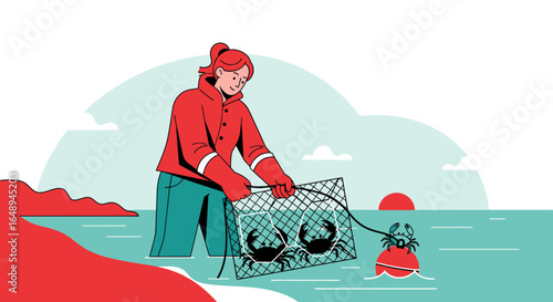 Coastal Harvesting Woman Collects Crab Traps at Sunrise Vector Illustration