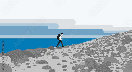 Coastal Hike On Rocky Shoreline With Sea View Minimalist Outdoor Adventure