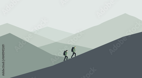 Couple Hiking Through Minimalist Mountains Ascending Together For Adventure