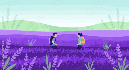 Couple Hiking Through Lavender Field On Summer Vacation Travel Adventure