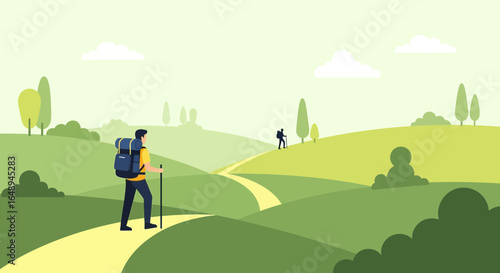 Couple Hiking Through Green Meadows For Sporty Leisure Adventure Concept