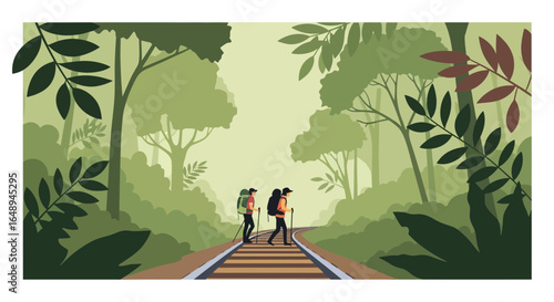 Couple Hiking Through Serene Forest Scene With Dense Green Foliage