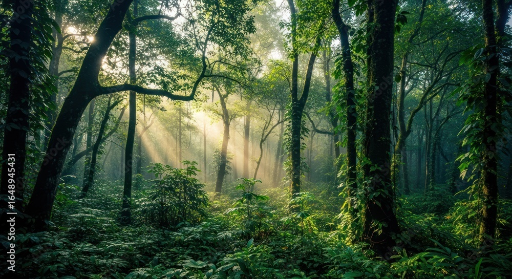 Fototapeta premium Sunlight streams through a lush, misty jungle