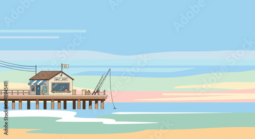 Coastal Pier Scene With Bait Shop Illustration In Soft Pastel Hues Style