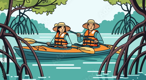 Couple Kayaking Through Tranquil Mangrove Forest On A Sunny Day Adventure