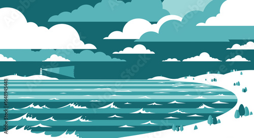 Coastal Scene With Island Lighthouse And Cumulus Clouds Forming On Horizon