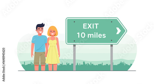 Couple Ready For New Journey Next Exit With Urban Landscape In Background