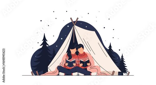 Couple Reading Books Together In Tent Surrounded By Winter Forest At Night