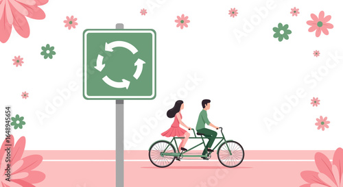 Couple Rides Tandem Bike Around Green Roundabout Sign In Blooming Floral Scene